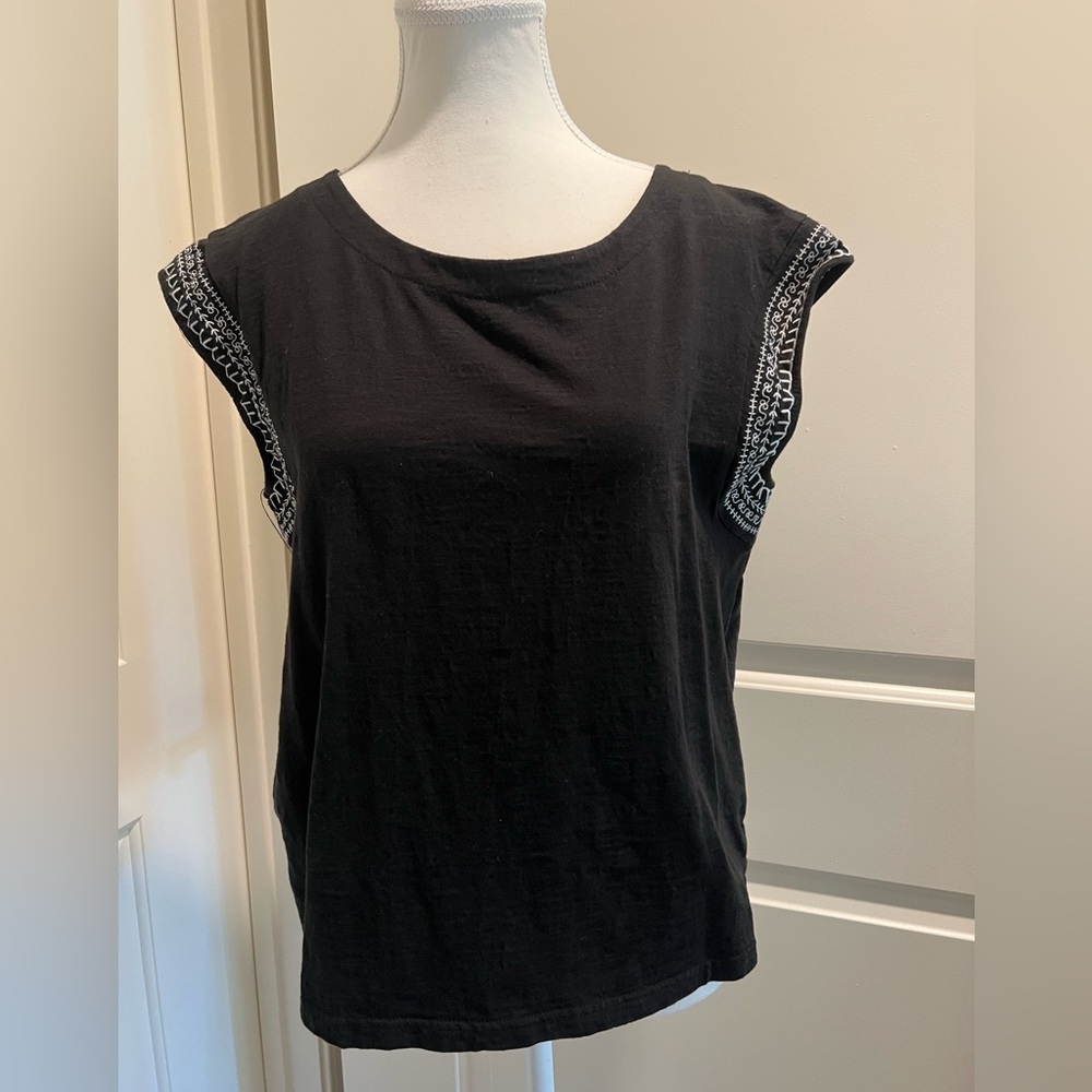 Jane and Delancey Black Muscle Tee with Embroidered Sleeves